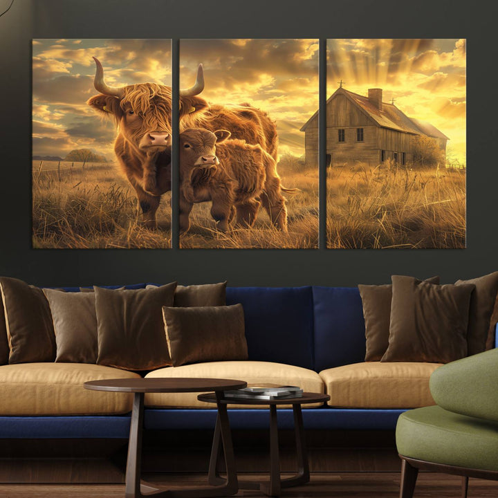 Highland Cow Canvas Wall Art Animal Print Pictures Fluffy Cattle Photo Framed Farmhouse Painting