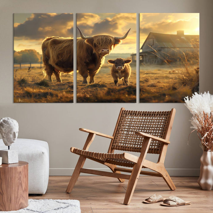 Highland Cow Canvas Wall Art Animal Print Pictures Fluffy Cattle Photo Framed Farmhouse Painting