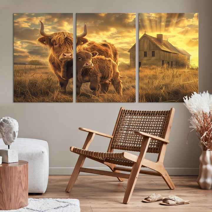 Highland Cow Canvas Wall Art Animal Print Pictures Fluffy Cattle Photo Framed Farmhouse Painting