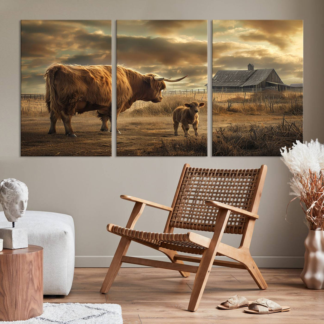 Highland Cow Canvas Wall Art Animal Print Pictures Fluffy Cattle Photo Framed Farmhouse Painting