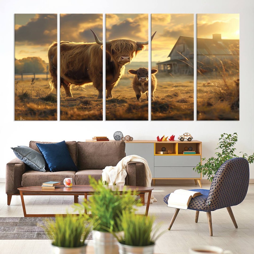 Highland Cow Canvas Wall Art Animal Print Pictures Fluffy Cattle Photo Framed Farmhouse Painting