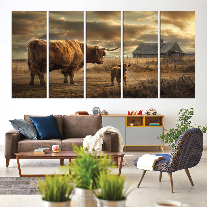 Highland Cow Canvas Wall Art Animal Print Pictures Fluffy Cattle Photo Framed Farmhouse Painting