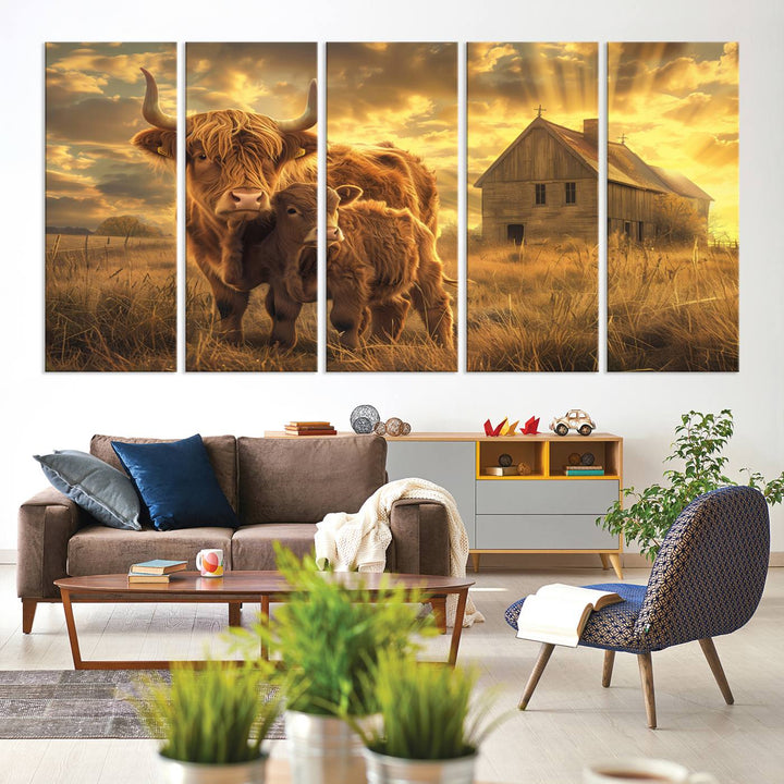 Highland Cow Canvas Wall Art Animal Print Pictures Fluffy Cattle Photo Framed Farmhouse Painting