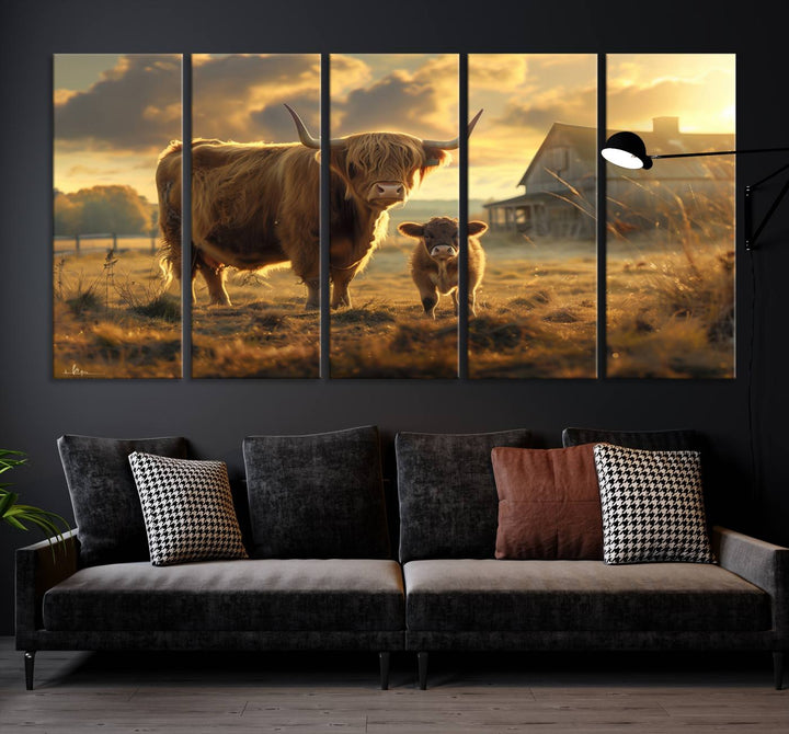 Highland Cow Canvas Wall Art Animal Print Pictures Fluffy Cattle Photo Framed Farmhouse Painting