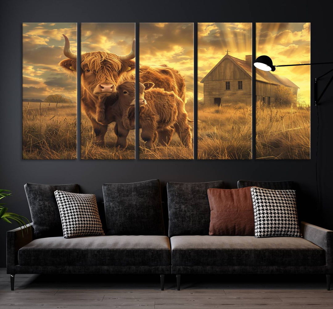 Highland Cow Canvas Wall Art Animal Print Pictures Fluffy Cattle Photo Framed Farmhouse Painting