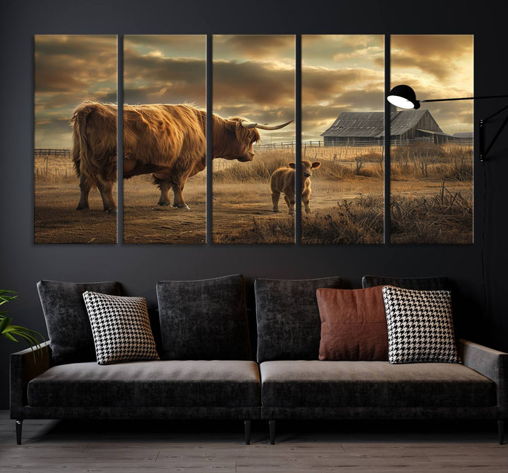 Highland Cow Canvas Wall Art Animal Print Pictures Fluffy Cattle Photo Framed Farmhouse Painting