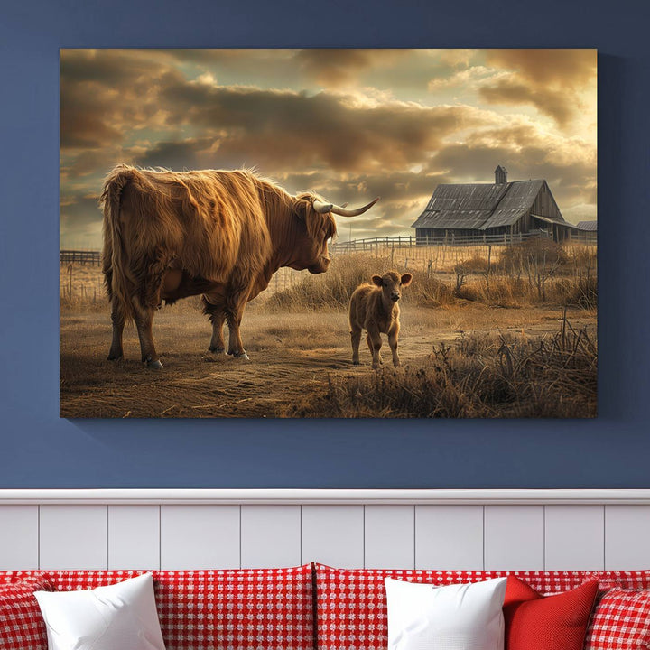 Highland Cow Canvas Wall Art Animal Print Pictures Fluffy Cattle Photo Framed Farmhouse Painting