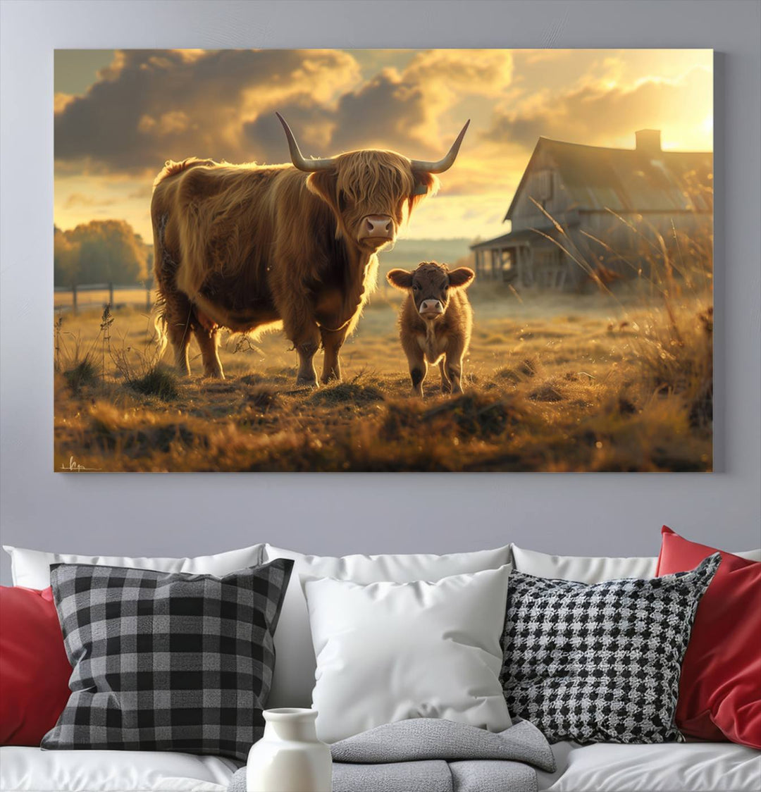 Highland Cow Canvas Wall Art Animal Print Pictures Fluffy Cattle Photo Framed Farmhouse Painting