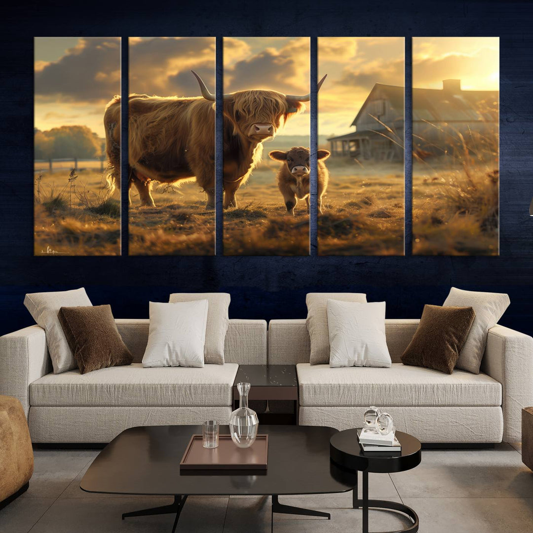 Highland Cow Canvas Wall Art Animal Print Pictures Fluffy Cattle Photo Framed Farmhouse Painting