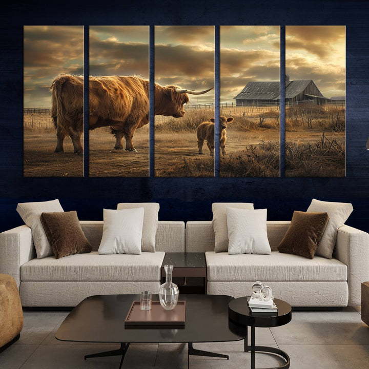 Highland Cow Canvas Wall Art Animal Print Pictures Fluffy Cattle Photo Framed Farmhouse Painting