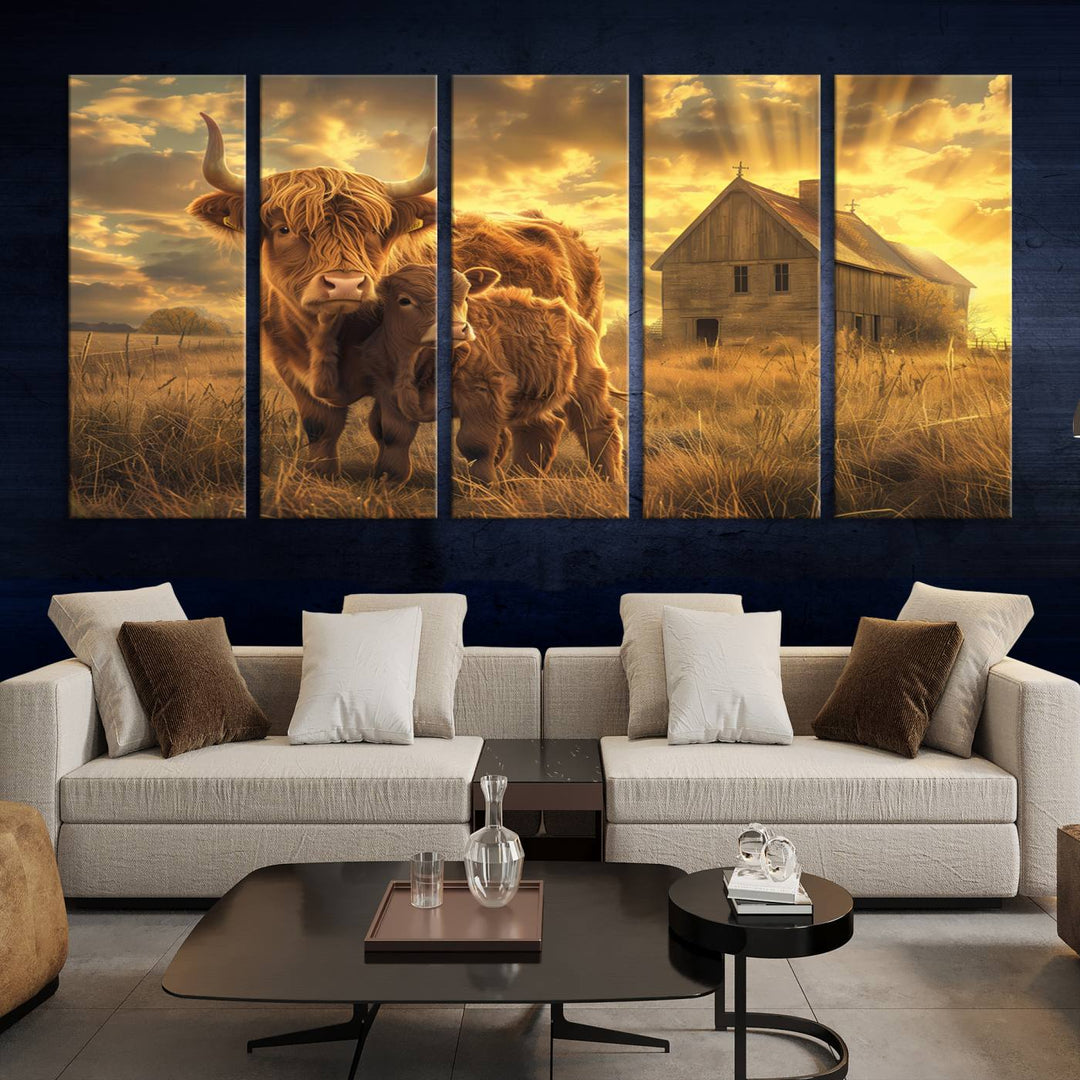 Highland Cow Canvas Wall Art Animal Print Pictures Fluffy Cattle Photo Framed Farmhouse Painting