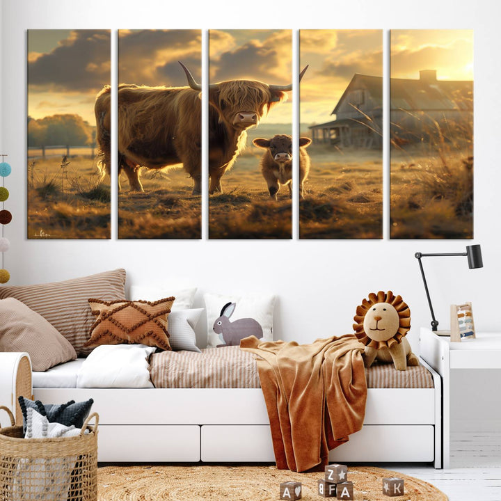 Highland Cow Canvas Wall Art Animal Print Pictures Fluffy Cattle Photo Framed Farmhouse Painting