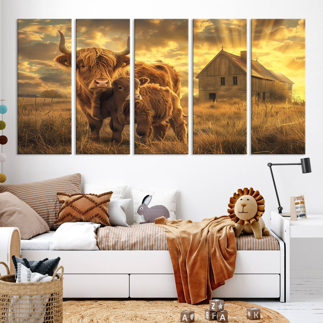 Highland Cow Canvas Wall Art Animal Print Pictures Fluffy Cattle Photo Framed Farmhouse Painting