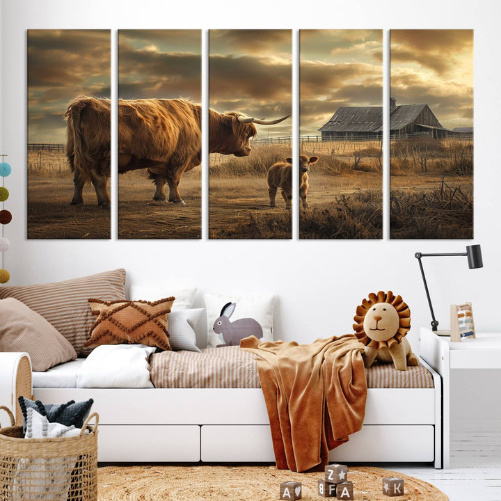 Highland Cow Canvas Wall Art Animal Print Pictures Fluffy Cattle Photo Framed Farmhouse Painting