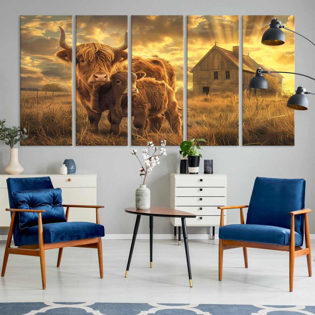 Highland Cow Canvas Wall Art Animal Print Pictures Fluffy Cattle Photo Framed Farmhouse Painting