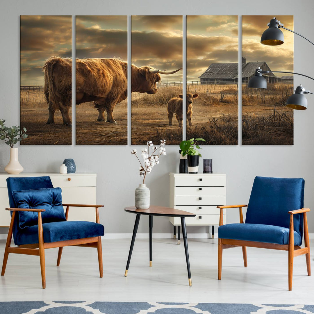 Highland Cow Canvas Wall Art Animal Print Pictures Fluffy Cattle Photo Framed Farmhouse Painting