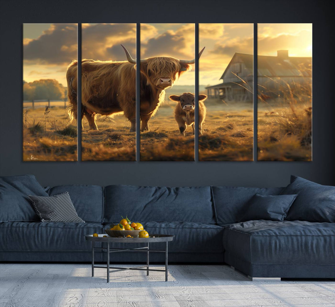 Highland Cow Canvas Wall Art Animal Print Pictures Fluffy Cattle Photo Framed Farmhouse Painting