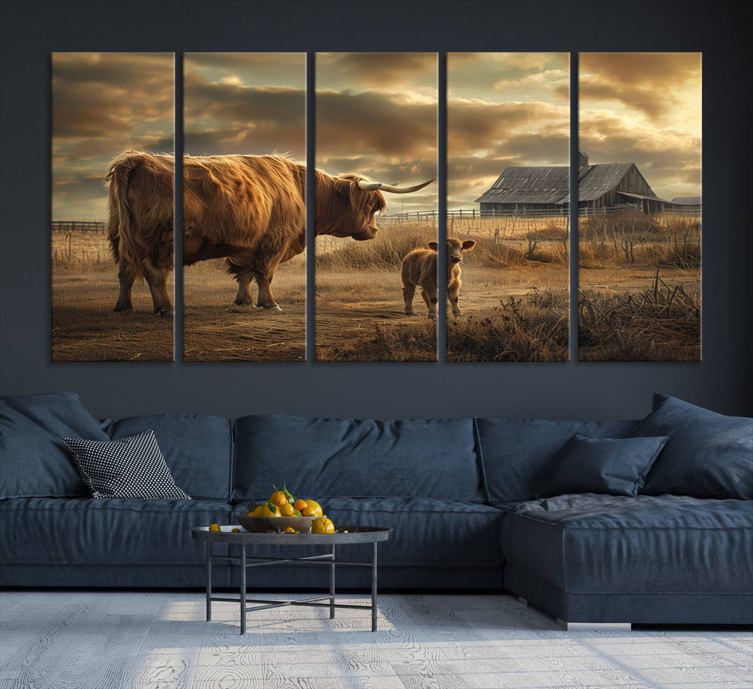 Highland Cow Canvas Wall Art Animal Print Pictures Fluffy Cattle Photo Framed Farmhouse Painting