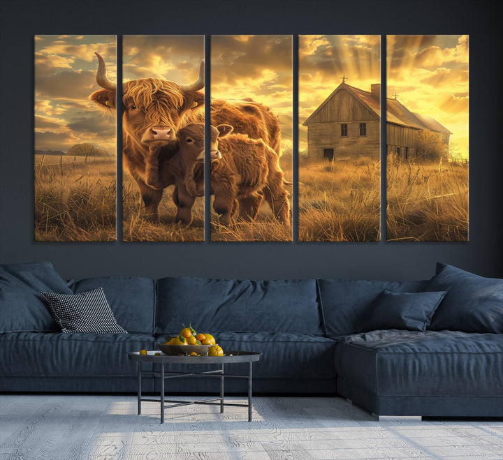 Highland Cow Canvas Wall Art Animal Print Pictures Fluffy Cattle Photo Framed Farmhouse Painting