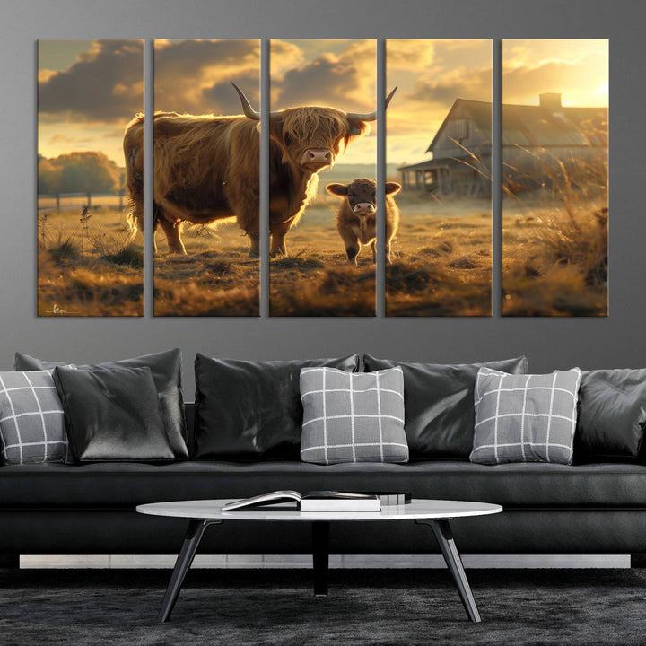 Highland Cow Canvas Wall Art Animal Print Pictures Fluffy Cattle Photo Framed Farmhouse Painting