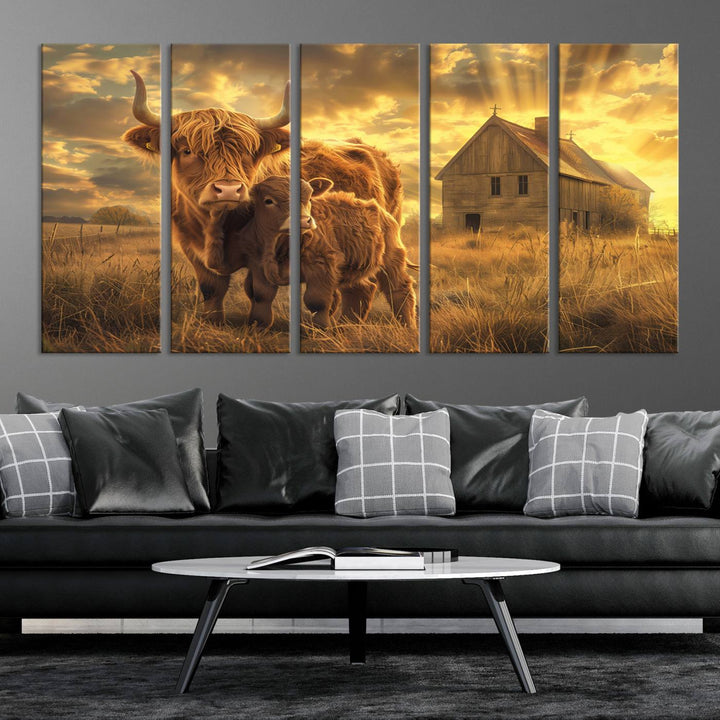 Highland Cow Canvas Wall Art Animal Print Pictures Fluffy Cattle Photo Framed Farmhouse Painting