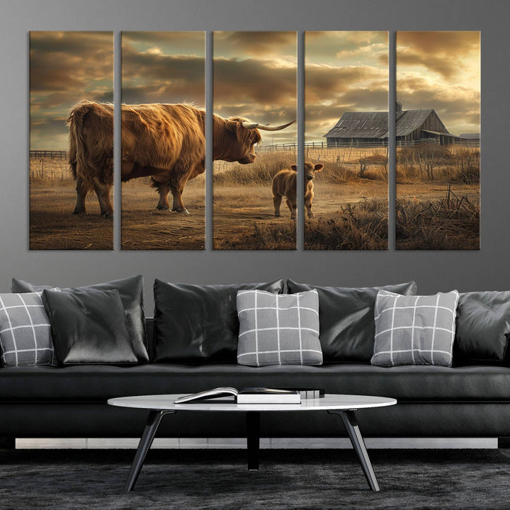 Highland Cow Canvas Wall Art Animal Print Pictures Fluffy Cattle Photo Framed Farmhouse Painting