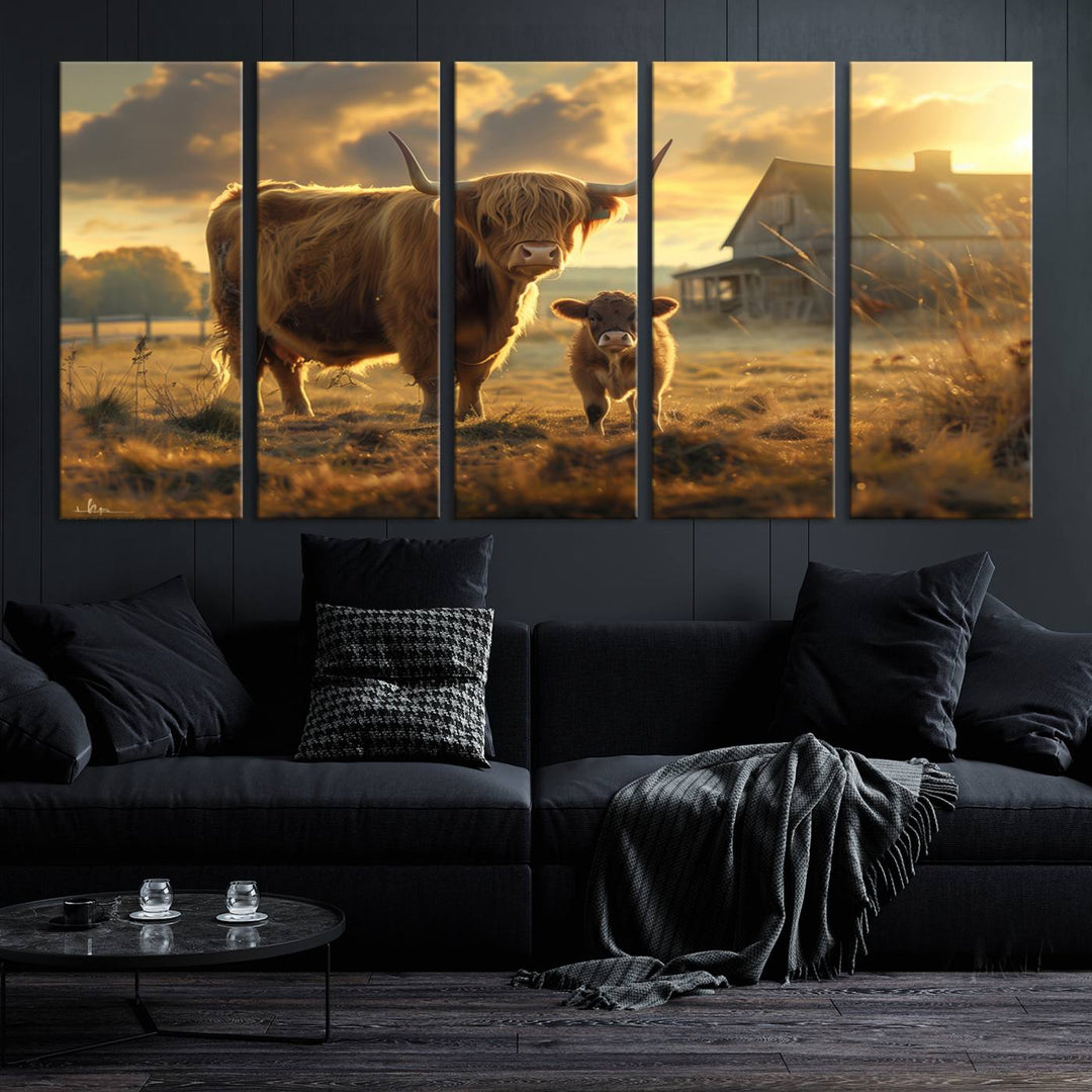 Highland Cow Canvas Wall Art Animal Print Pictures Fluffy Cattle Photo Framed Farmhouse Painting