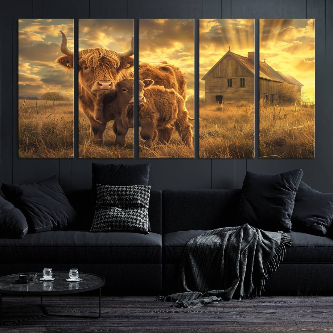 Highland Cow Canvas Wall Art Animal Print Pictures Fluffy Cattle Photo Framed Farmhouse Painting