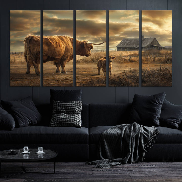 Highland Cow Canvas Wall Art Animal Print Pictures Fluffy Cattle Photo Framed Farmhouse Painting