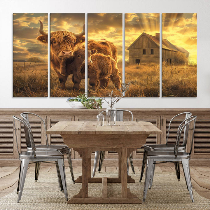 Highland Cow Canvas Wall Art Animal Print Pictures Fluffy Cattle Photo Framed Farmhouse Painting