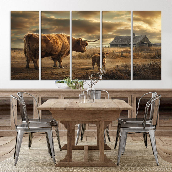 Highland Cow Canvas Wall Art Animal Print Pictures Fluffy Cattle Photo Framed Farmhouse Painting