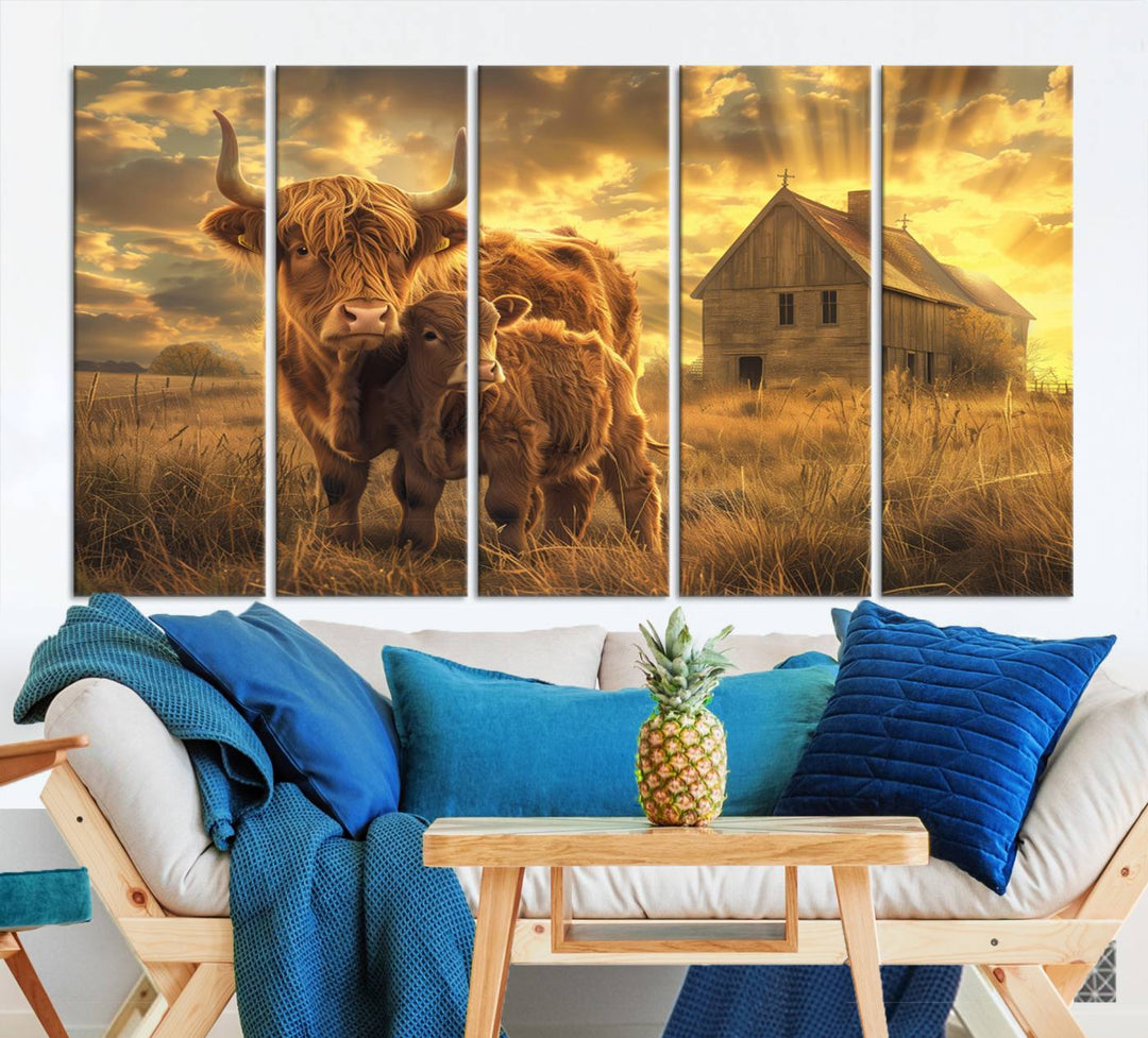 Highland Cow Canvas Wall Art Animal Print Pictures Fluffy Cattle Photo Framed Farmhouse Painting