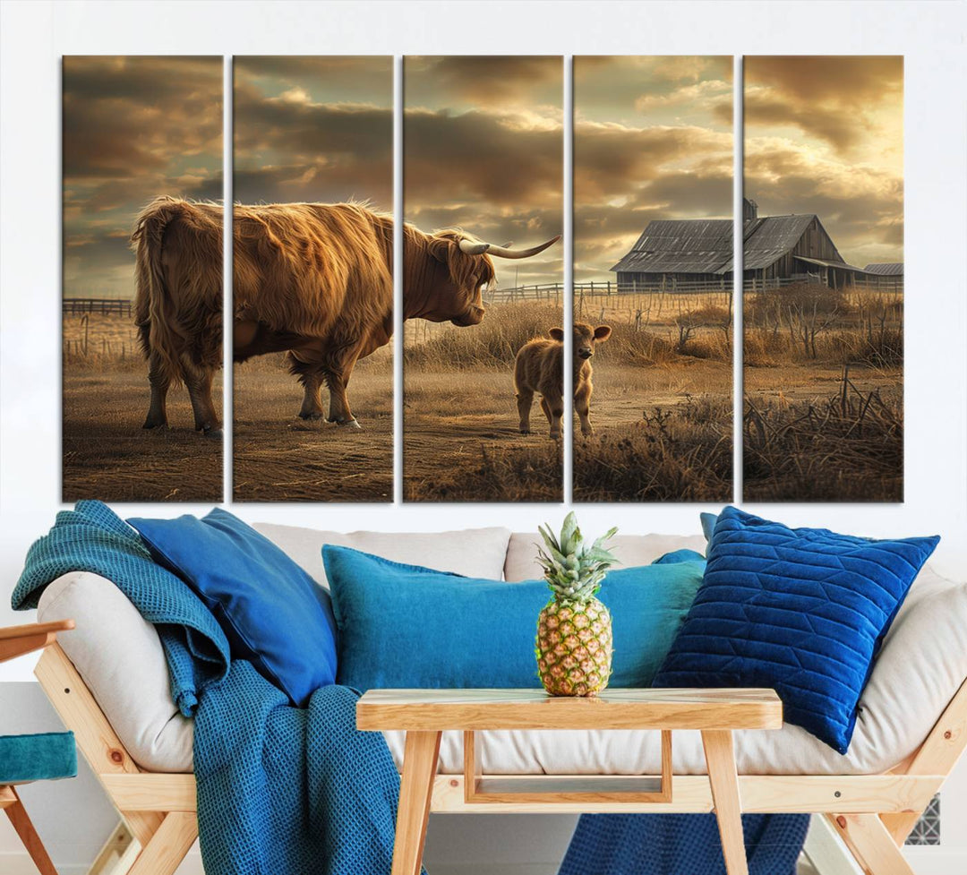 Highland Cow Canvas Wall Art Animal Print Pictures Fluffy Cattle Photo Framed Farmhouse Painting