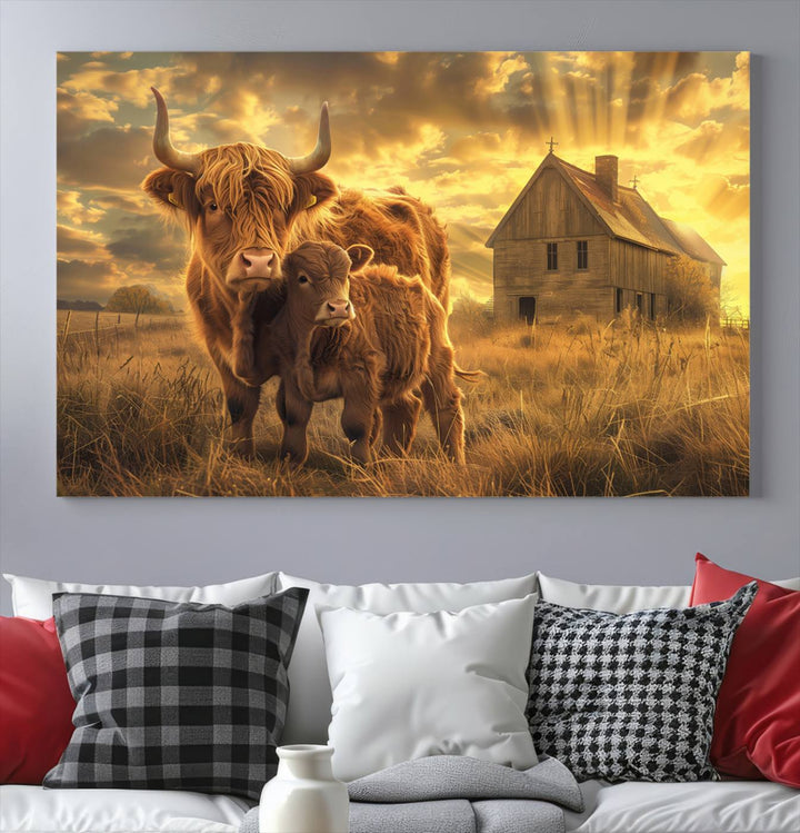 Highland Cow Canvas Wall Art Animal Print Pictures Fluffy Cattle Photo Framed Farmhouse Painting