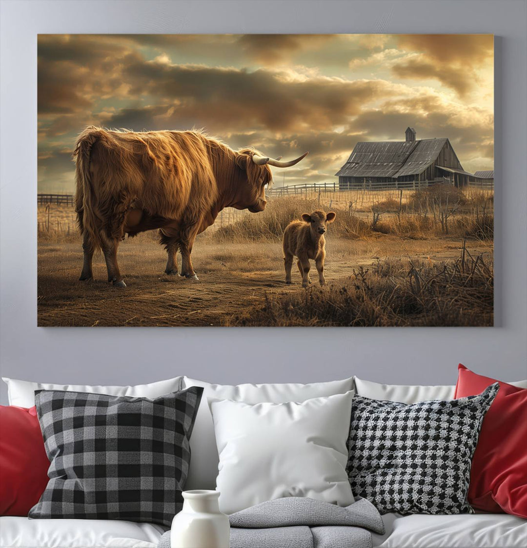 Highland Cow Canvas Wall Art Animal Print Pictures Fluffy Cattle Photo Framed Farmhouse Painting