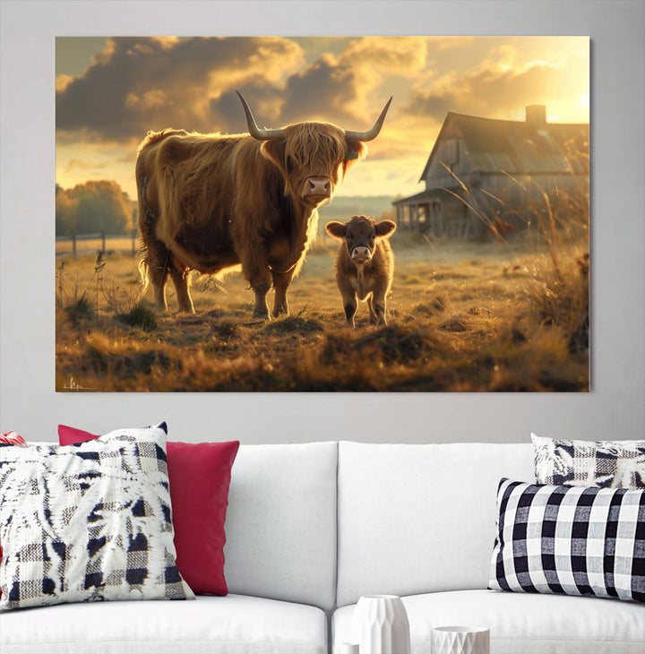 Highland Cow Canvas Wall Art Animal Print Pictures Fluffy Cattle Photo Framed Farmhouse Painting