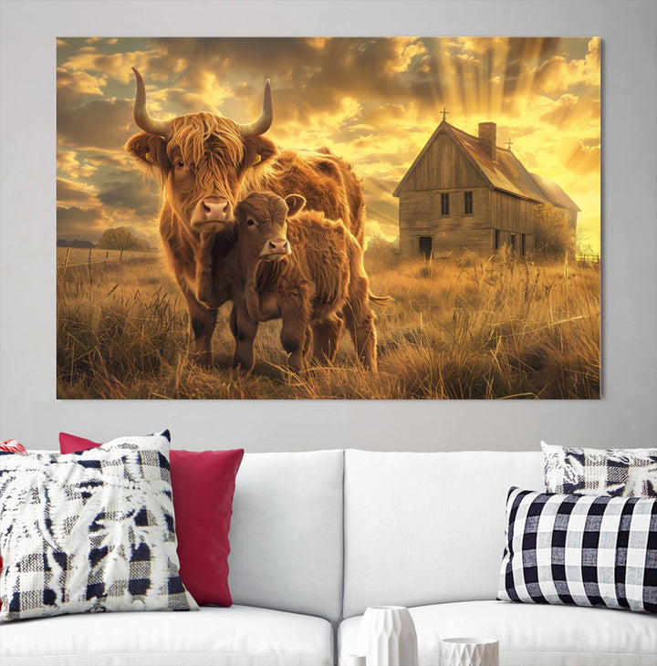 Highland Cow Canvas Wall Art Animal Print Pictures Fluffy Cattle Photo Framed Farmhouse Painting