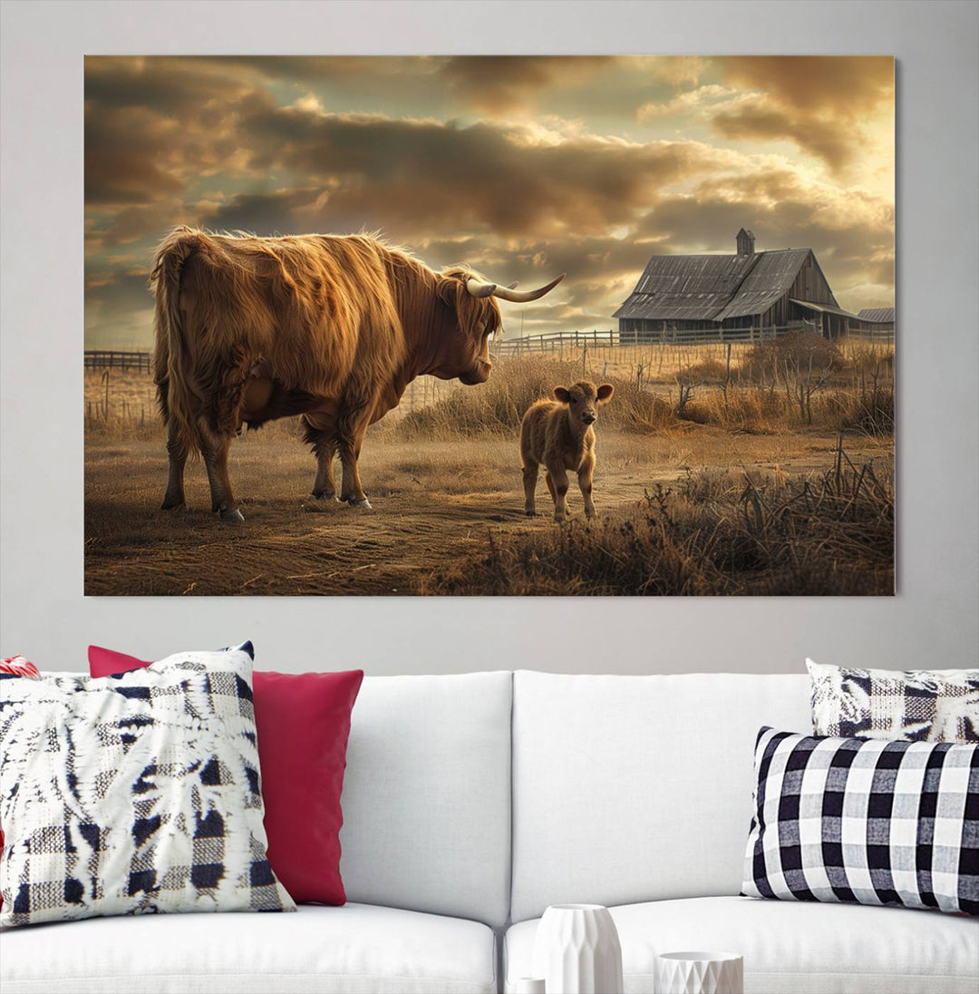 Highland Cow Canvas Wall Art Animal Print Pictures Fluffy Cattle Photo Framed Farmhouse Painting