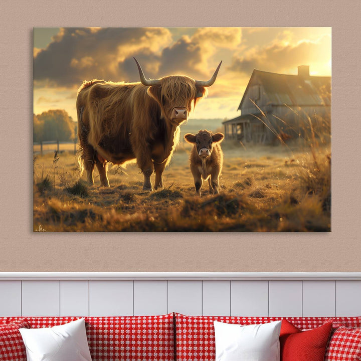 Highland Cow Canvas Wall Art Animal Print Pictures Fluffy Cattle Photo Framed Farmhouse Painting