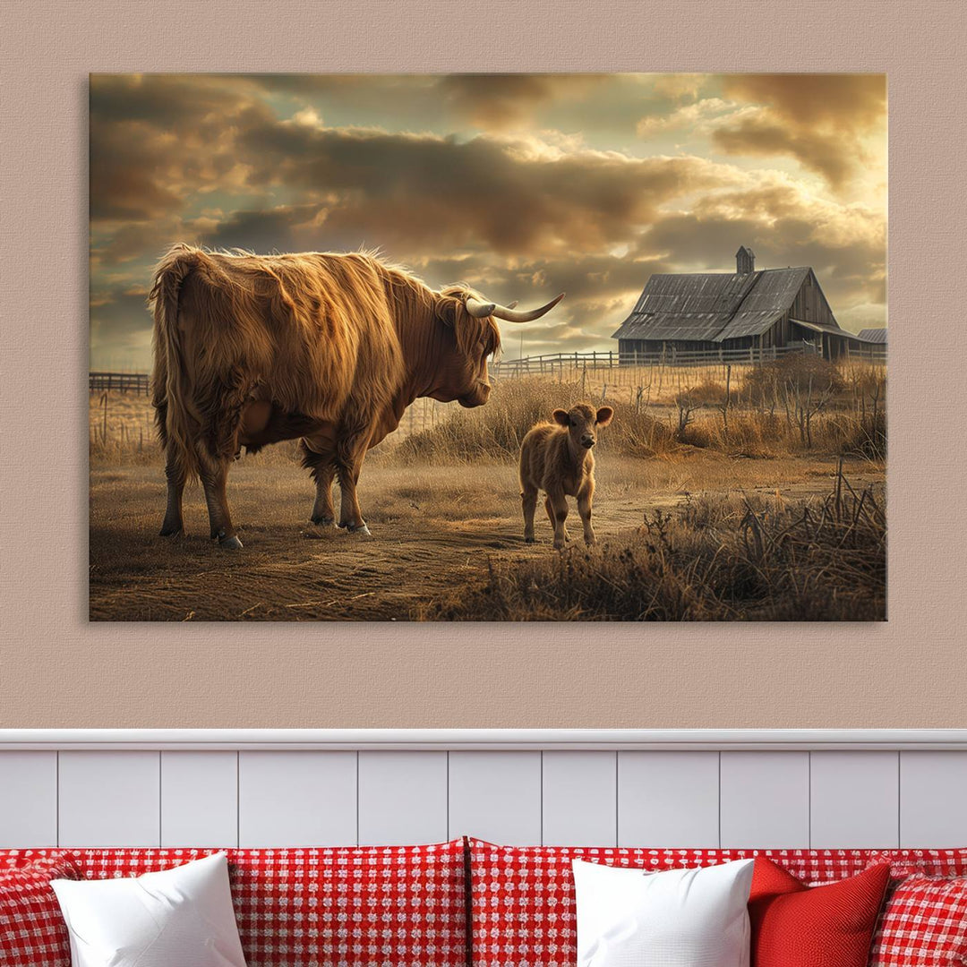 Highland Cow Canvas Wall Art Animal Print Pictures Fluffy Cattle Photo Framed Farmhouse Painting