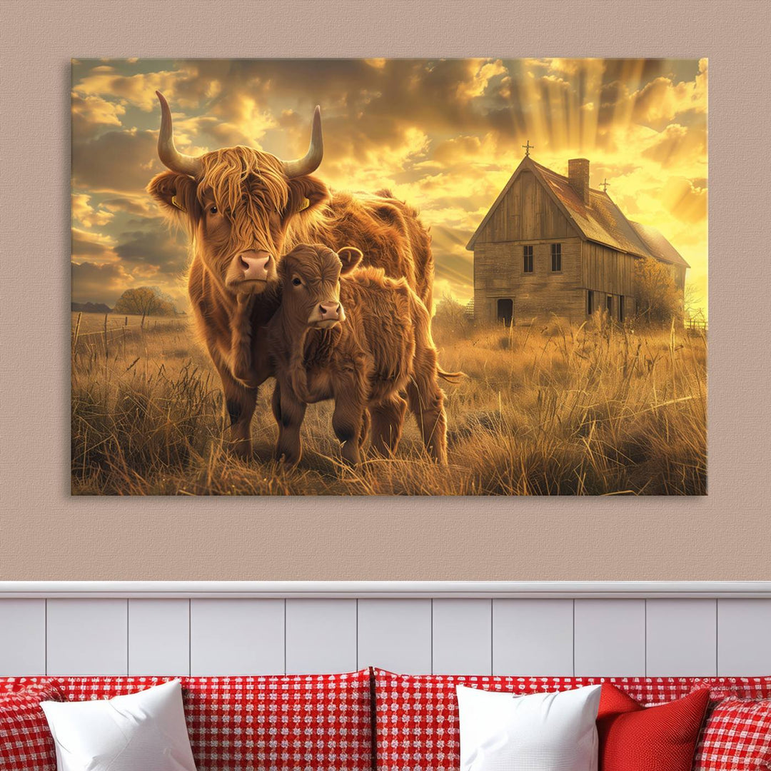 Highland Cow Canvas Wall Art Animal Print Pictures Fluffy Cattle Photo Framed Farmhouse Painting