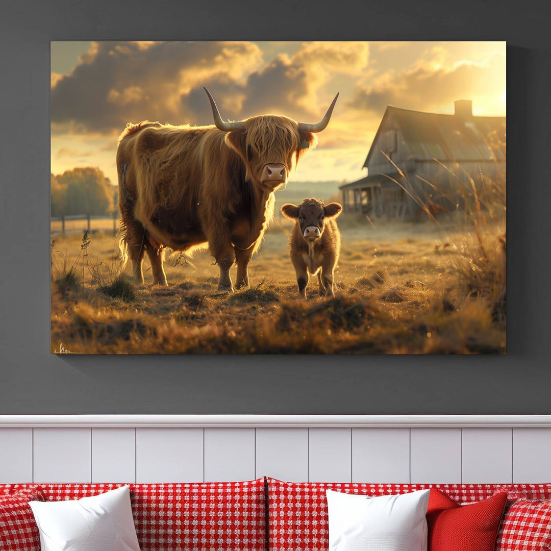 Highland Cow Canvas Wall Art Animal Print Pictures Fluffy Cattle Photo Framed Farmhouse Painting