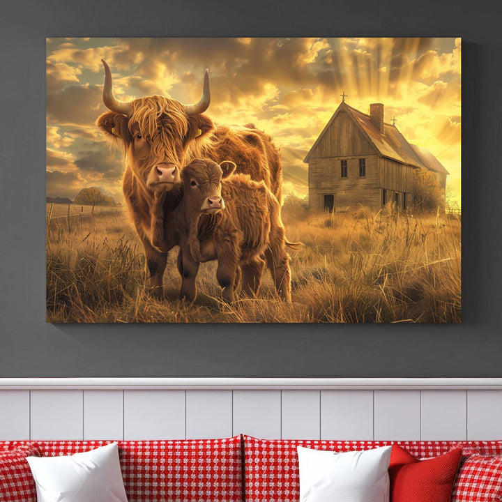 Highland Cow Canvas Wall Art Animal Print Pictures Fluffy Cattle Photo Framed Farmhouse Painting