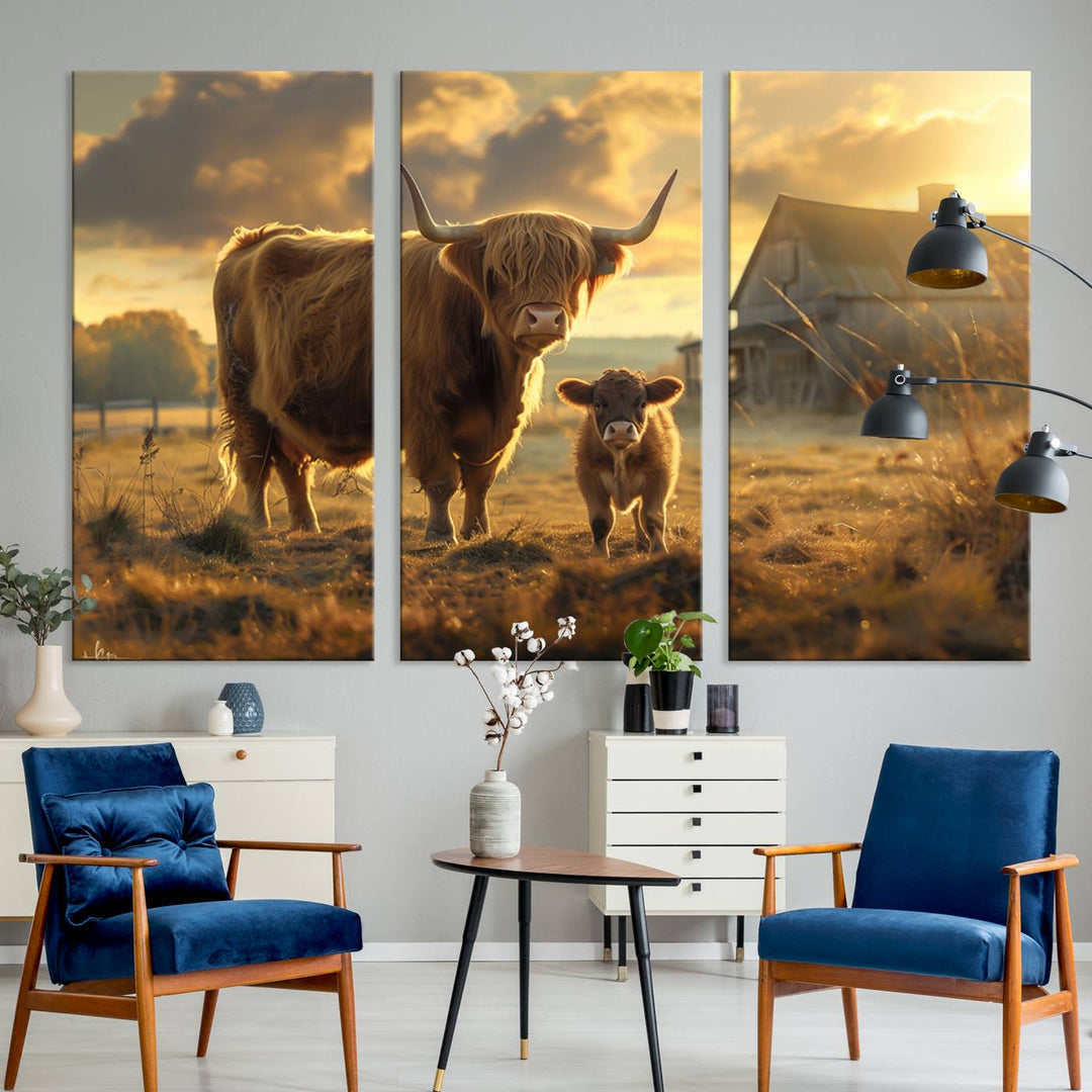 Highland Cow Canvas Wall Art Animal Print Pictures Fluffy Cattle Photo Framed Farmhouse Painting