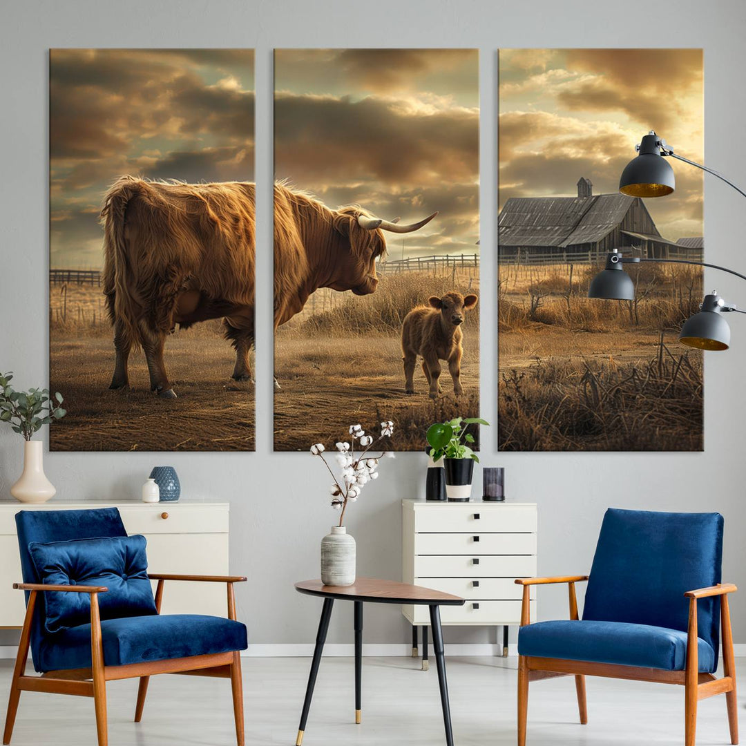 Highland Cow Canvas Wall Art Animal Print Pictures Fluffy Cattle Photo Framed Farmhouse Painting