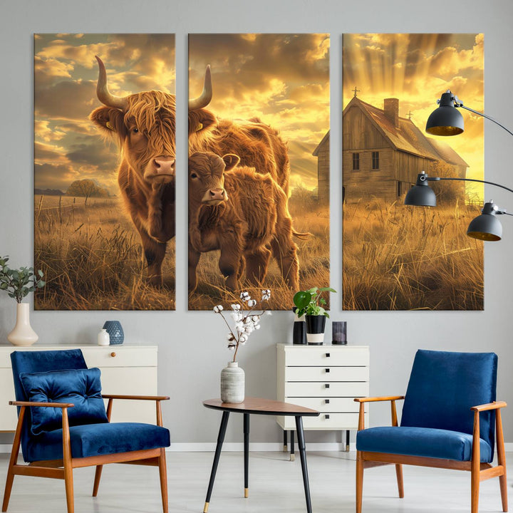 Highland Cow Canvas Wall Art Animal Print Pictures Fluffy Cattle Photo Framed Farmhouse Painting