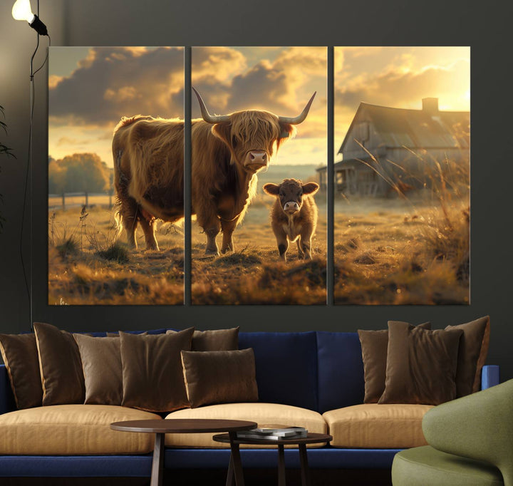 Highland Cow Canvas Wall Art Animal Print Pictures Fluffy Cattle Photo Framed Farmhouse Painting