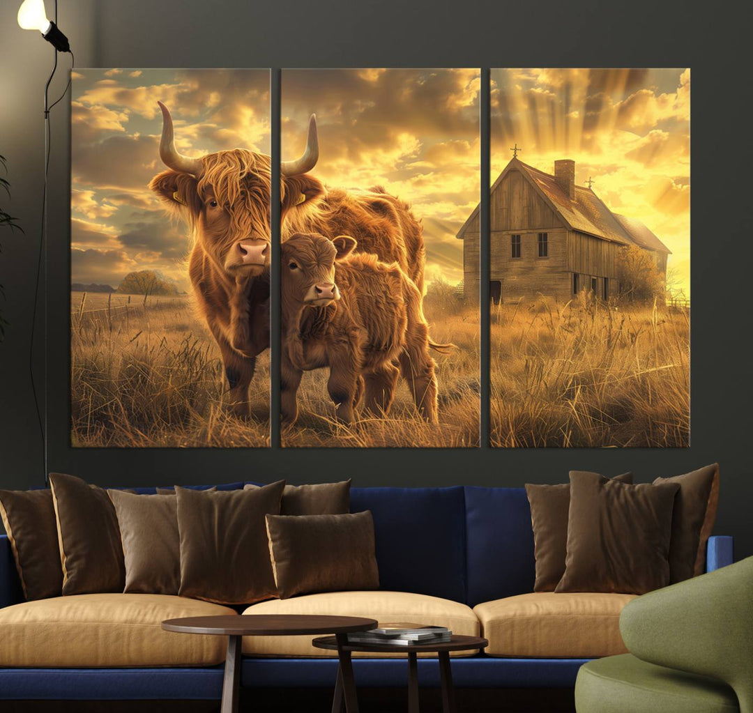 Highland Cow Canvas Wall Art Animal Print Pictures Fluffy Cattle Photo Framed Farmhouse Painting