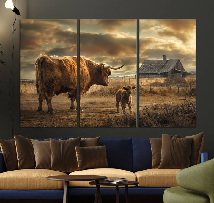 Highland Cow Canvas Wall Art Animal Print Pictures Fluffy Cattle Photo Framed Farmhouse Painting