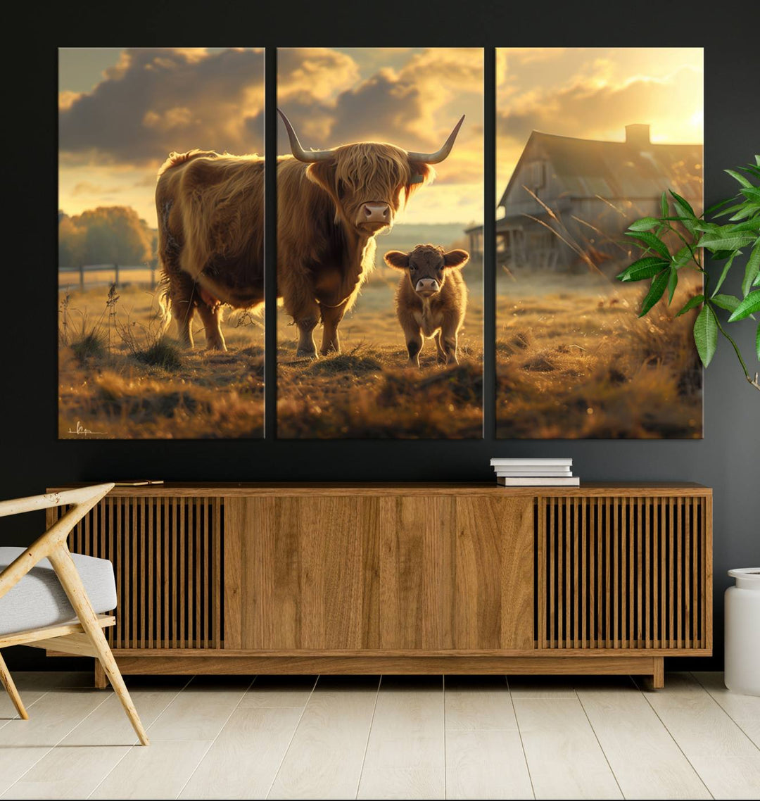 Highland Cow Canvas Wall Art Animal Print Pictures Fluffy Cattle Photo Framed Farmhouse Painting